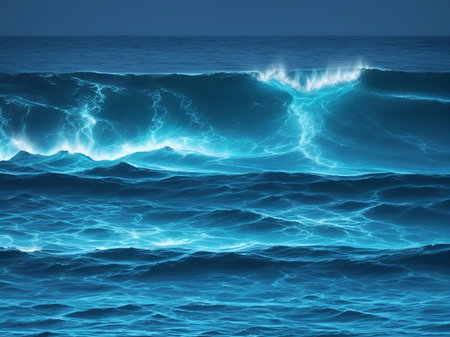 Big blue waves in ocean. AI generated illustrationの素材