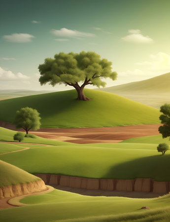 Green Barren land landscape. AI generated illustrationの素材