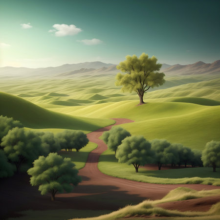 Green Barren land landscape. AI generated illustrationの素材