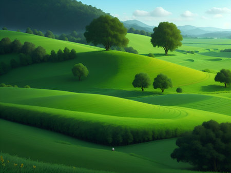 Green Hills land landscape. AI generated illustrationの素材