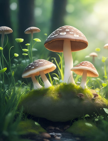 Fairy tale in mashrooms in the forest. AI generated illustrationの素材