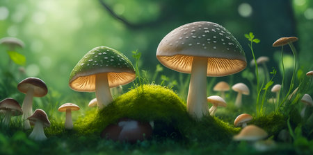 Fairy tale in mashrooms in the forest. AI generated illustrationの素材