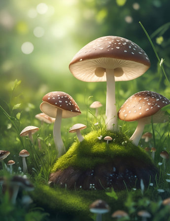 Fairy tale in mashrooms in the forest. AI generated illustrationの素材