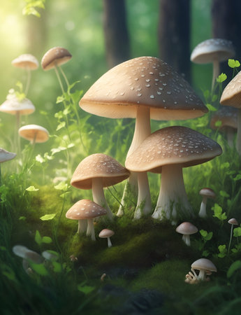 Fairy tale in mashrooms in the forest. AI generated illustrationの素材