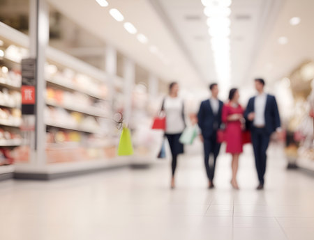 Shopping mall themed blurred background. AI generated illustrationの素材