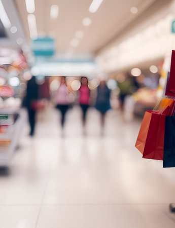Shopping mall themed blurred background. AI generated illustrationの素材