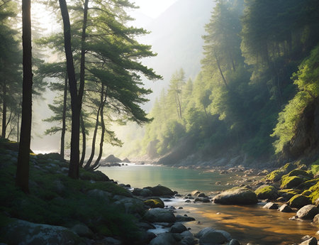 Depict serene forest scenes with_dappled sunlight. AI generated illustrationの素材