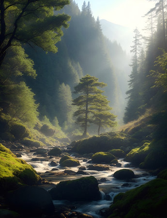 Depict serene forest scenes with_dappled sunlight. AI generated illustrationの素材
