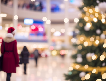 Xmas themed shopping mall. Defocused style. AI generated illustrationの素材