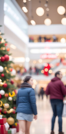 Xmas themed shopping mall. Defocused style. AI generated illustrationの素材