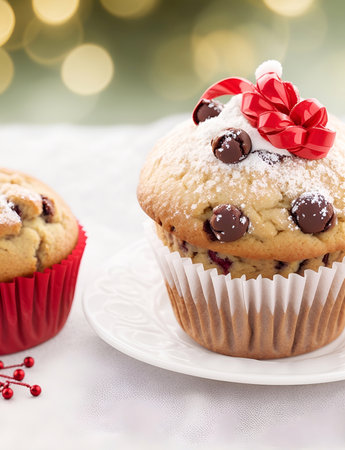 Muffin. Xmas theme background. AI generated illustrationの素材
