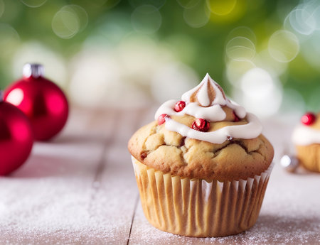Muffin. Xmas theme background. AI generated illustrationの素材
