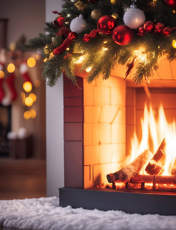 Xmas fireplace. AI generated illustrationの素材
