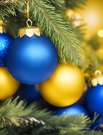Blue and yellow Xmas balls. AI generated illustrationの素材