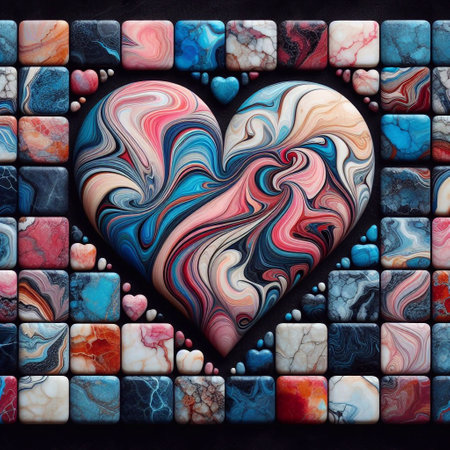 Heart shape of colorful marble stones in a dark black background. AI generated illustrationの素材