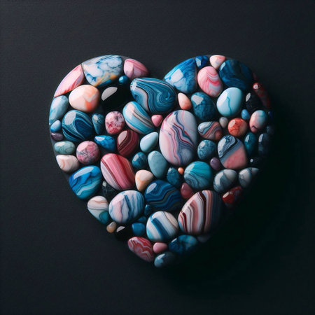 Heart shape of colorful marble stones in a dark black background. AI generated illustrationの素材