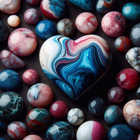 Heart shape of colorful marble stones in a dark black background. AI generated illustrationの素材