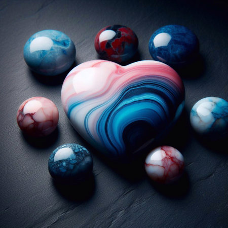 Heart shape of colorful marble stones in a dark black background. AI generated illustrationの素材