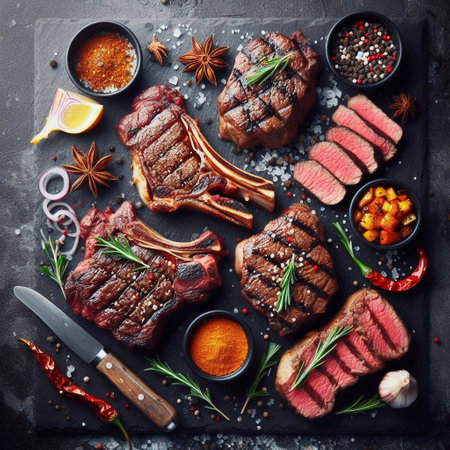 Grilled meat on black board. AI generated illustrationの素材