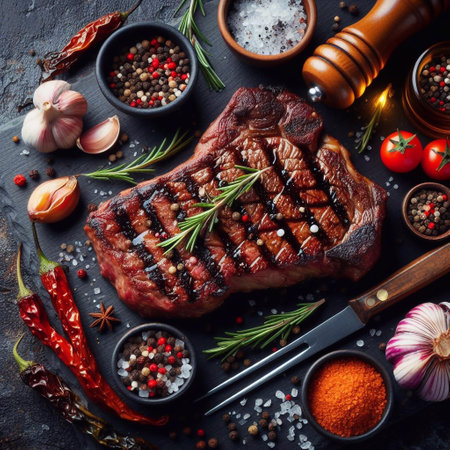 Grilled meat on black board. AI generated illustrationの素材