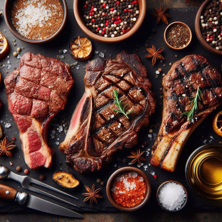 Grilled meat on black board. AI generated illustrationの素材
