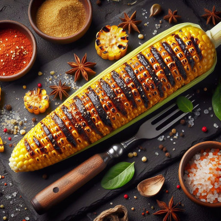 Grilled corn on slate black board. AI generated illustrationの素材