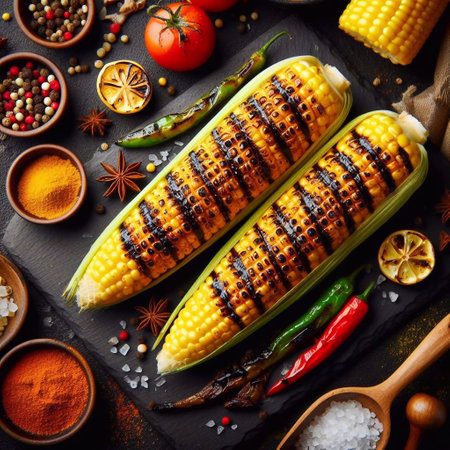 Grilled corn on slate black board. AI generated illustrationの素材