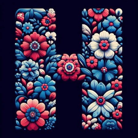 Flower font letter H. AI generated illustrationの素材