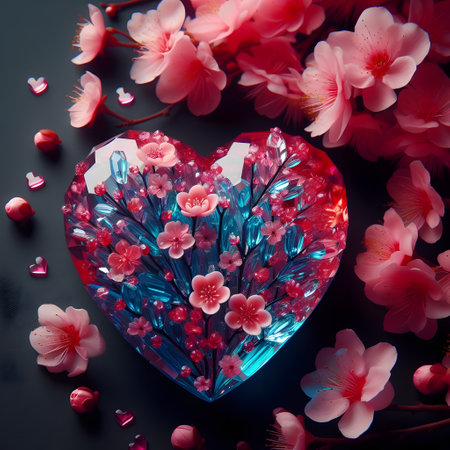 Pink and blue crystal heart with flowers. AI generated illustrationの素材