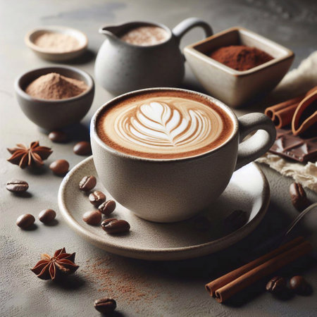 Cup of hot cappuccino on the table. AI generated illustrationの素材