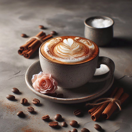 Cup of hot cappuccino on the table. AI generated illustrationの素材