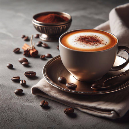 Cup of hot cappuccino on the table. AI generated illustrationの素材