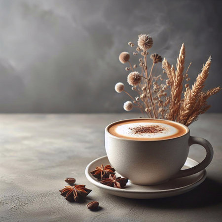 Cup of hot cappuccino on the table. AI generated illustrationの素材