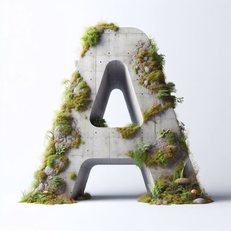 A letter shape 3D Lettering That Blends Concrete With Nature. AI generated illustrationの素材
