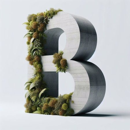 B letter shape 3D Lettering That Blends Concrete With Nature. AI generated illustrationの素材