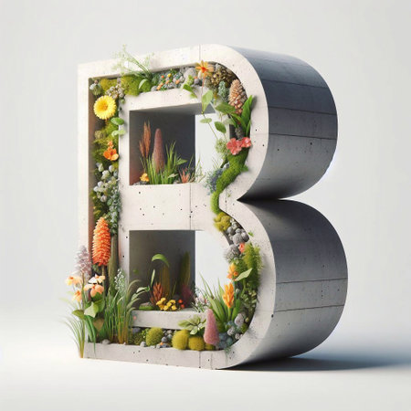 B letter shape 3D Lettering That Blends Concrete With Nature. AI generated illustrationの素材