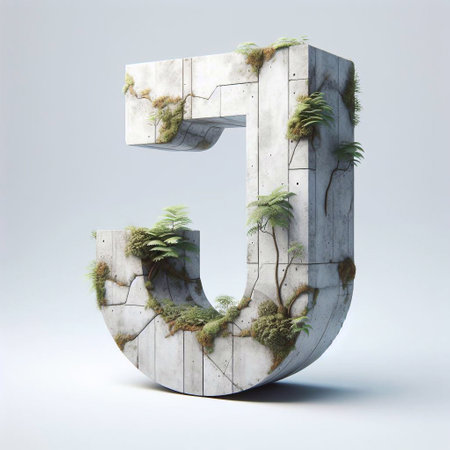 J letter shape 3D Lettering That Blends Concrete With Nature. AI generated illustrationの素材