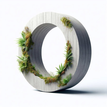 O letter shape 3D Lettering That Blends Concrete With Nature. AI generated illustrationの素材