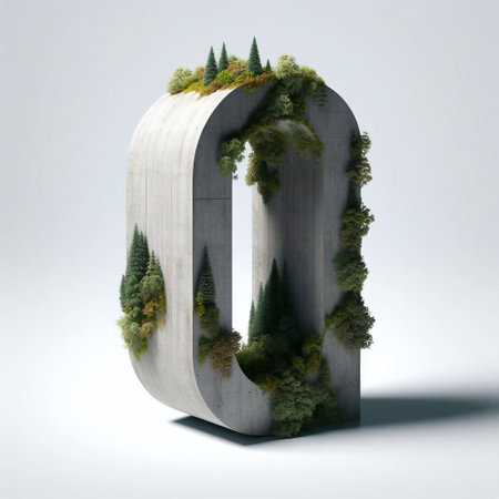 O letter shape 3D Lettering That Blends Concrete With Nature. AI generated illustrationの素材