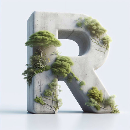 R letter shape 3D Lettering That Blends Concrete With Nature. AI generated illustrationの素材