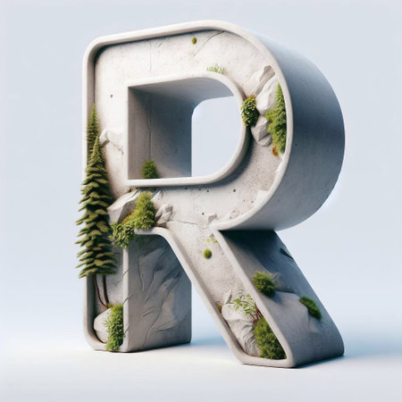 R letter shape 3D Lettering That Blends Concrete With Nature. AI generated illustrationの素材