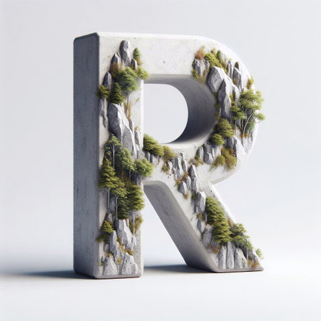 R letter shape 3D Lettering That Blends Concrete With Nature. AI generated illustrationの素材