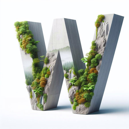 W letter shape 3D Lettering That Blends Concrete With Nature. AI generated illustrationの素材