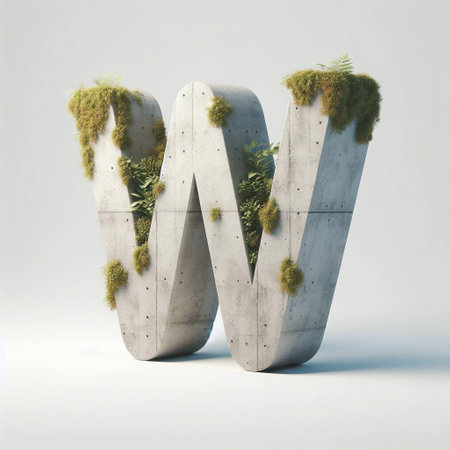 W letter shape 3D Lettering That Blends Concrete With Nature. AI generated illustrationの素材