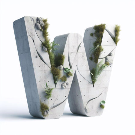 W letter shape 3D Lettering That Blends Concrete With Nature. AI generated illustrationの素材
