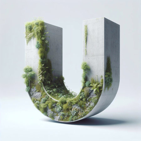 U letter shape 3D Lettering That Blends Concrete With Nature. AI generated illustrationの素材