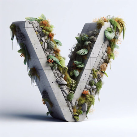 V letter shape 3D Lettering That Blends Concrete With Nature. AI generated illustrationの素材