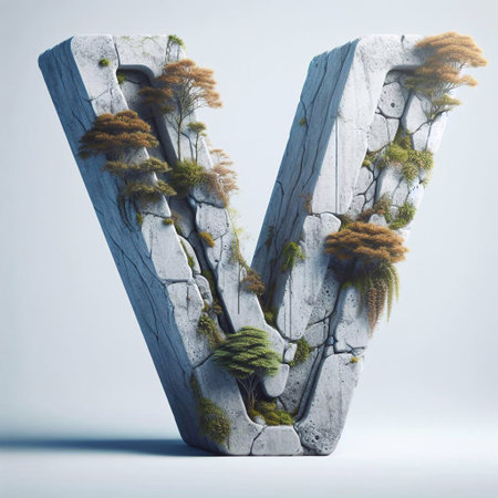 V letter shape 3D Lettering That Blends Concrete With Nature. AI generated illustrationの素材