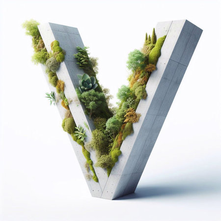 V letter shape 3D Lettering That Blends Concrete With Nature. AI generated illustrationの素材