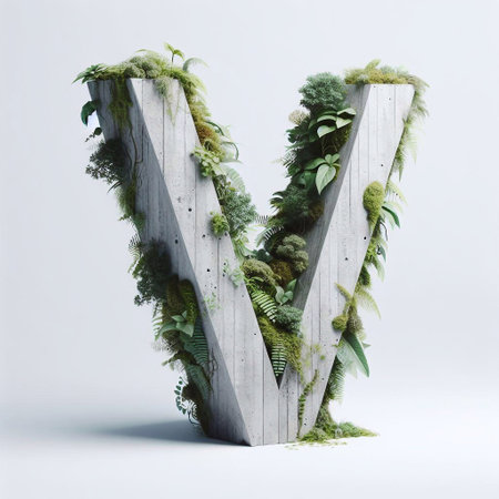 V letter shape 3D Lettering That Blends Concrete With Nature. AI generated illustrationの素材